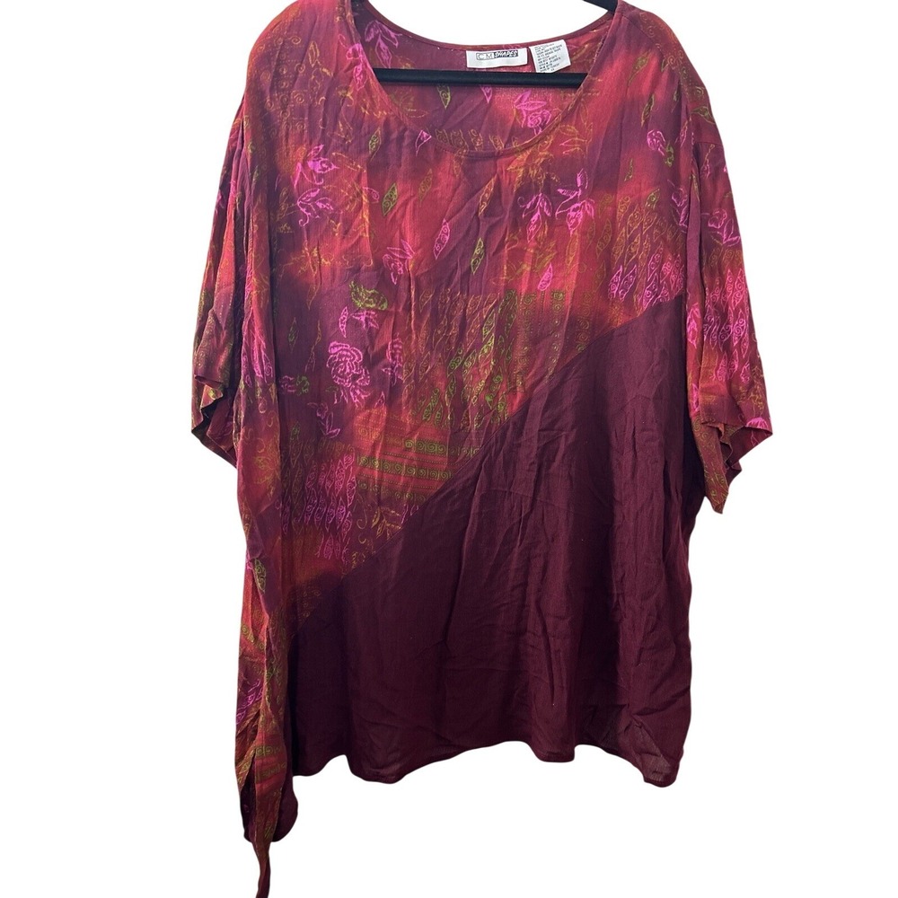 C.M. Shapes Batik Tunic 4X Burgundy Floral Asymmetrical Boho Lagenlook Artsy